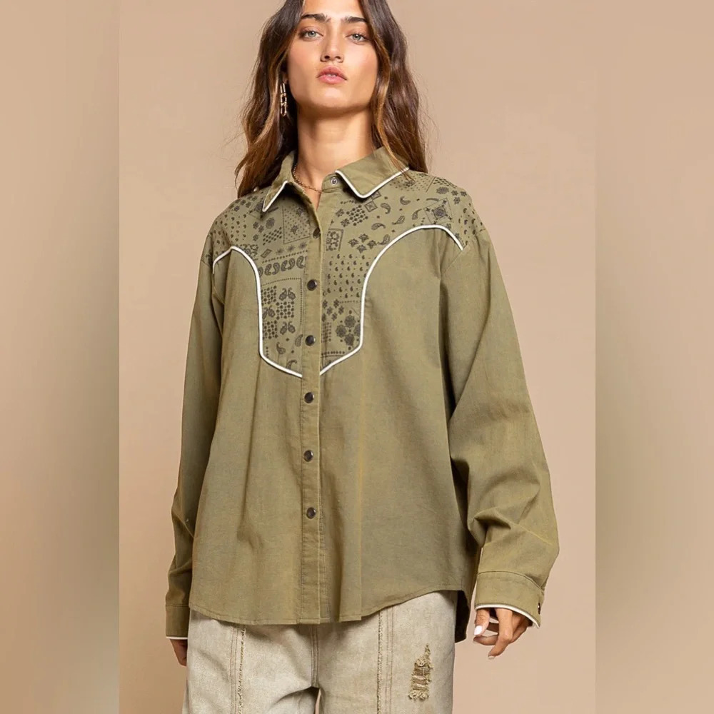 POL western button up Paisley M Olive‎ Green women’s snap cowgirl